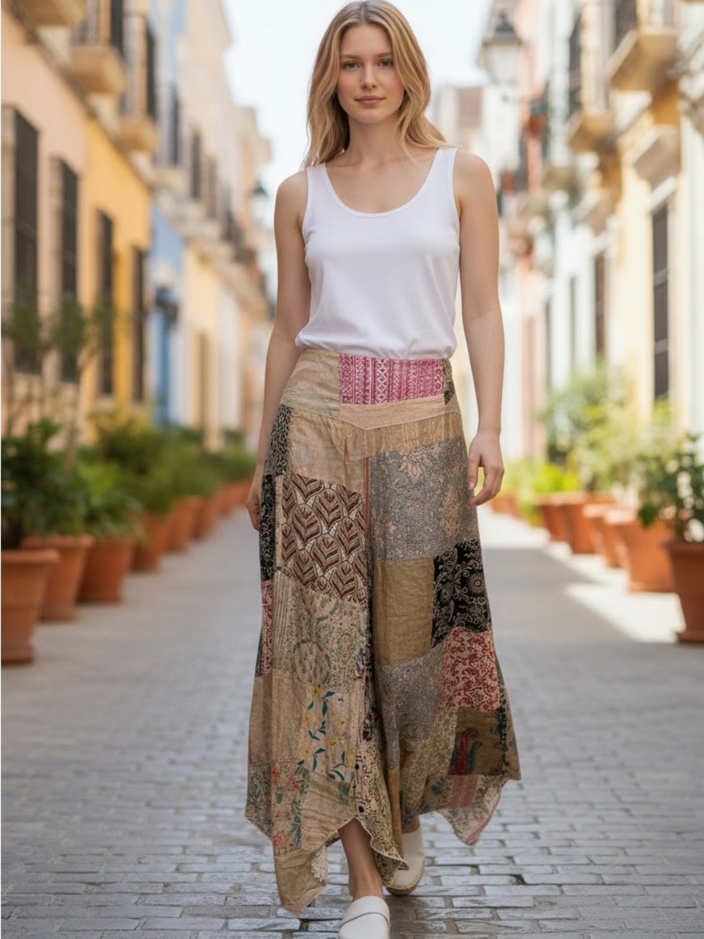 Jaded Gypsy L/XL Bohemian Patchwork Wide Leg Pants in Beige and Multi